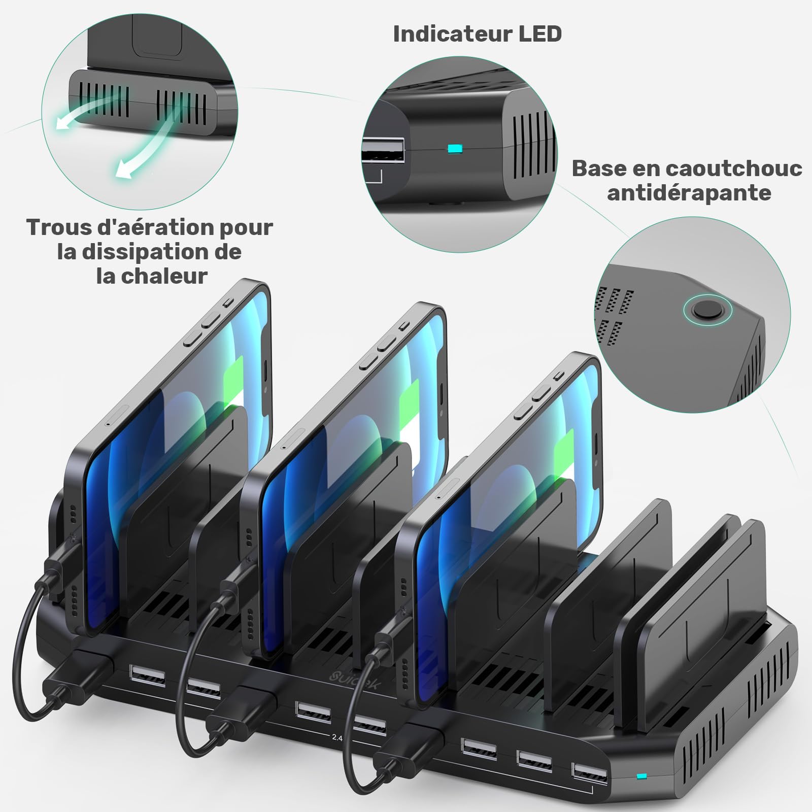 SUIDEK Station de Charge Multi Appareils 10 Ports, 60W Station de Charge USB avec Séparateurs Réglables, Station de Chargement USB pour Tablettes et Smartphones