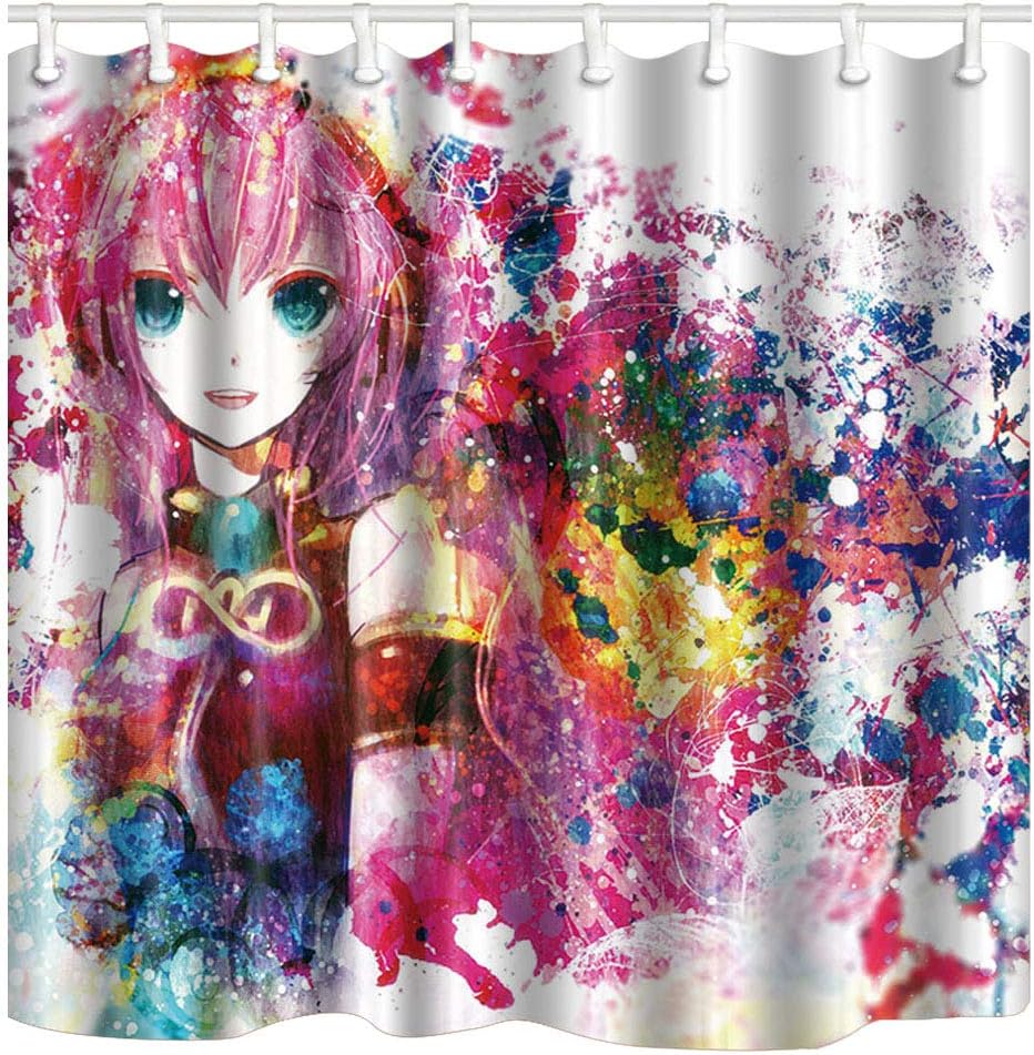Shocur Anime Graffiti Shower Curtain, Cute Pink Watercolor Fantasy Cartoon Music Girl, 60 x 70 Inches Polyester Fabric Bathroom Decor Set with 12 Hooks