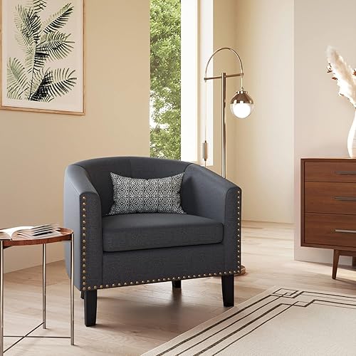 Miniatura 2 de BELLEZE Juego de 2 sillas Accent Barrel, moderna silla tapizada con ribete dorado de cabeza de uñas y patas negras para sala de estar, dormitorio,