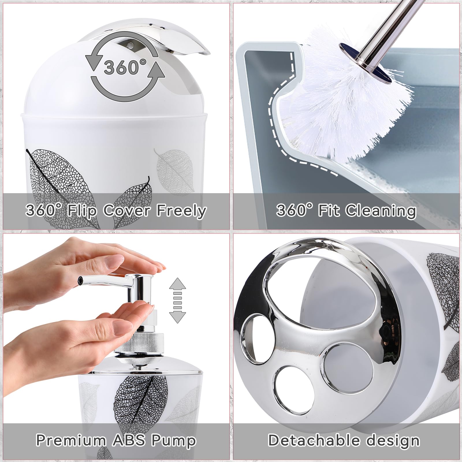 Juego de accesorios de baño grises con cortina de ducha de hojas grises, 12 juegos de baño con papelera, soporte para cepillo de dientes, vaso, dispensador de loción, bandeja, jabonera, cepillo de