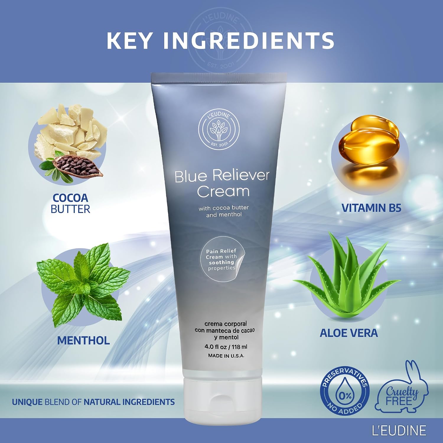 L'EUDINE Blue Reliever Cream – Joint and Muscle Therapy, Body Cream with Cocoa Butter and Menthol
