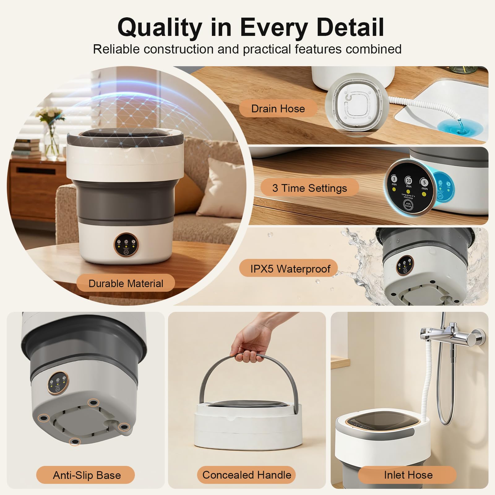 Portable Washing Machine - 20L Mini Foldable Washer with Spin Basket, 3 Cleaning Modes & Deep Cleaning for Small Clothes, Collapsible Laundry for Apartment, Home, Hotel and Travel (Gray) — view 6