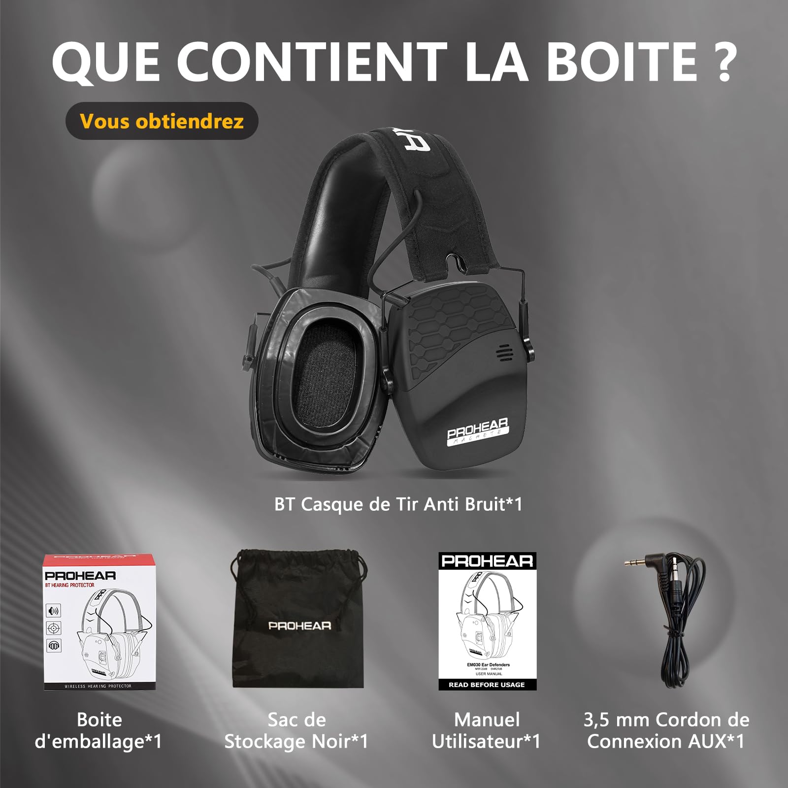 PROHEAR 030 Protection auditive électronique avec Bluetooth 5.4, protection auditive, protection auditive, réduction du bruit, amplification du son pour la chasse, NRR22dB SNR 27 dB, gel noir