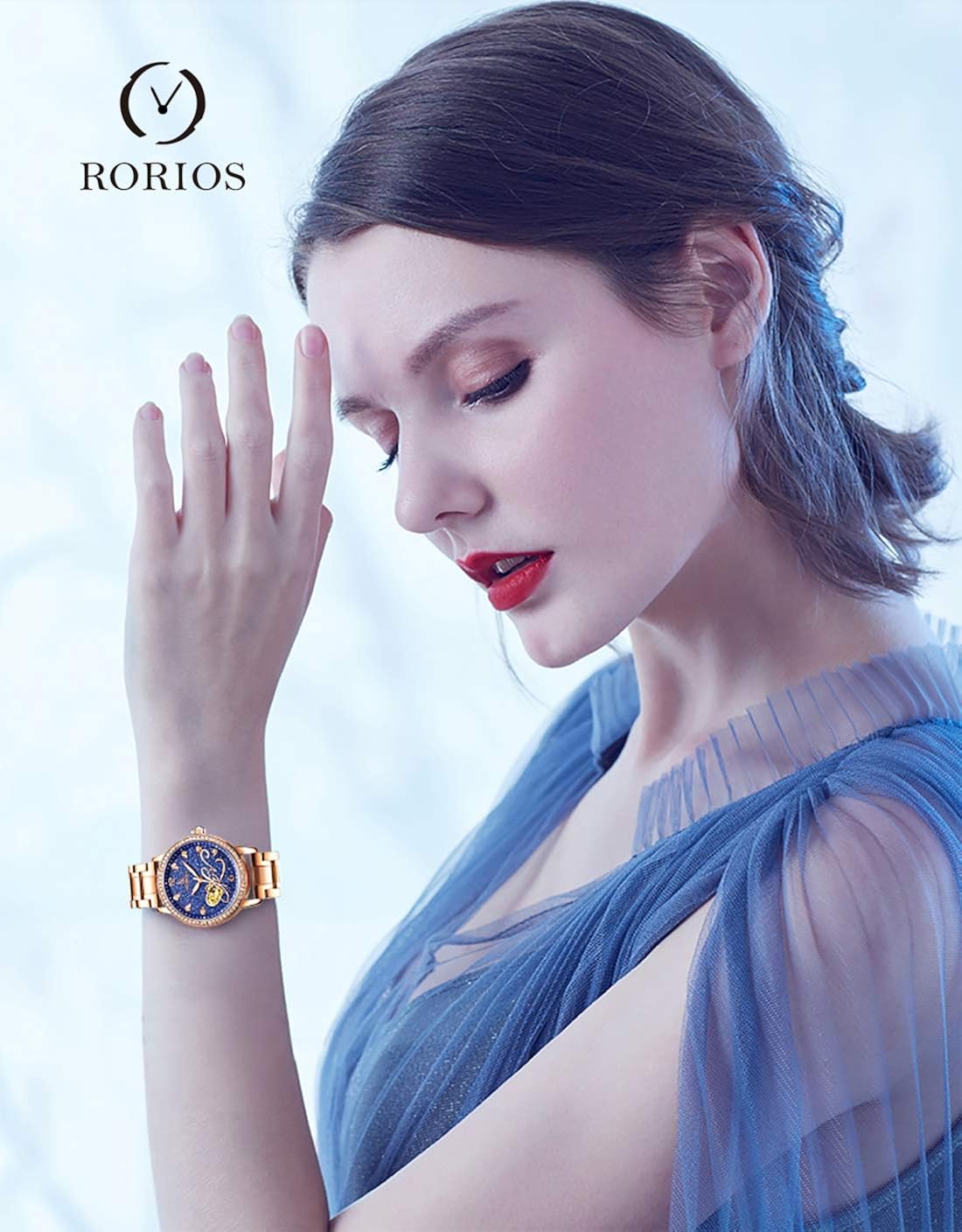 RORIOS Women Automatic Mechanical Watch Shining Starry Sky Luminous Simulated Diamond Dial Stainless Steel Strap Ladies Wristwatches - Image 3