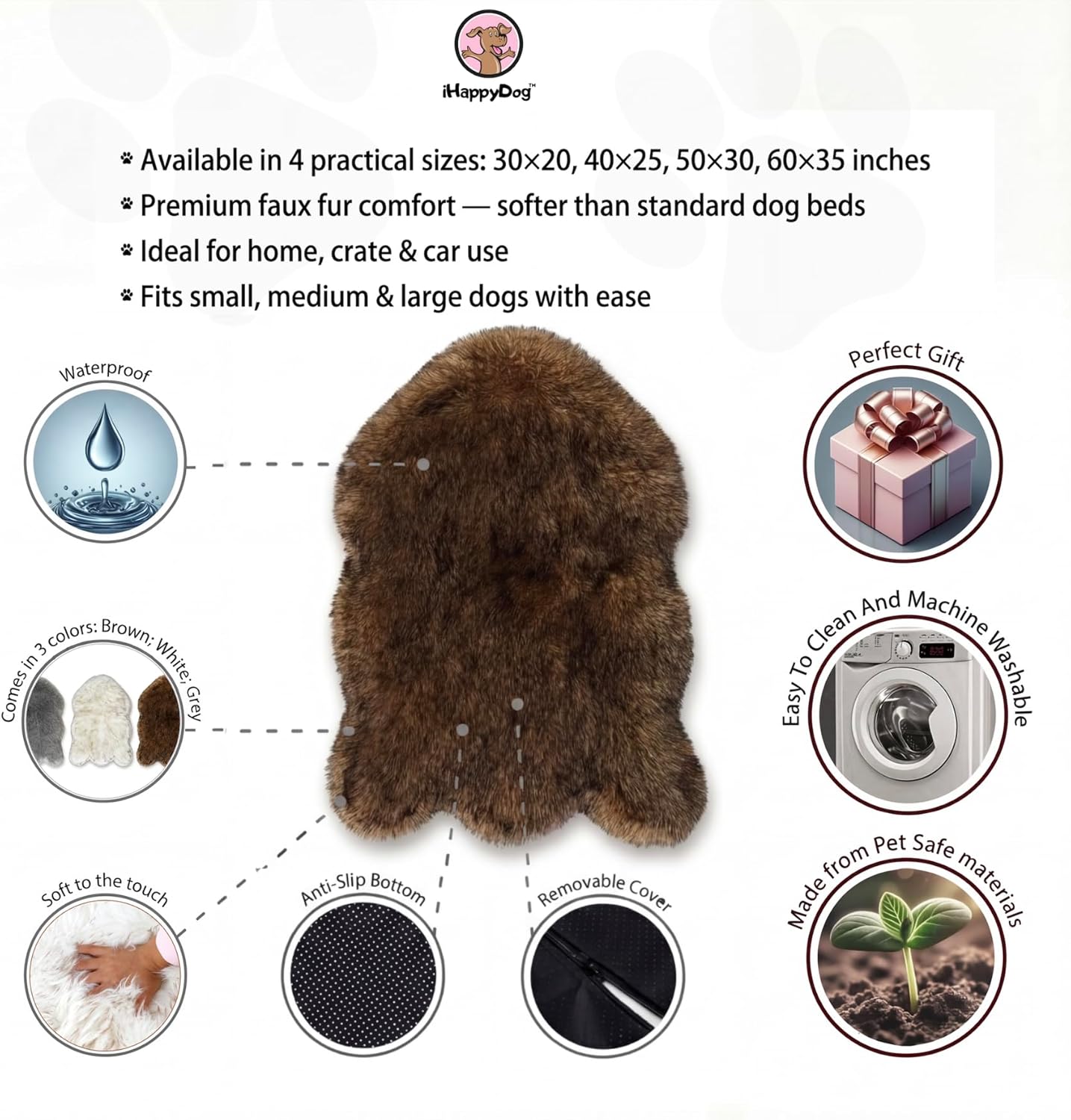 IHAPPYDOG Luxury Faux Fur Orthopedic Dog Bed, Memory Foam Dog Bed​ for​ Small, Medium, Large and XL Pets, Fluffy Pet Rug with Waterproof ​and ​Washable Cover (Brown, 30"x20")