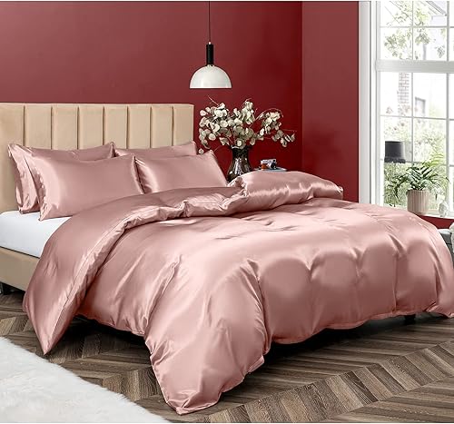 Miniatura 9 de P Pothuiny Juego de funda de edredón de satén de 5 piezas, tamaño King, juego de cama de lujo sedoso como naranja quemado con cierre de cremallera,