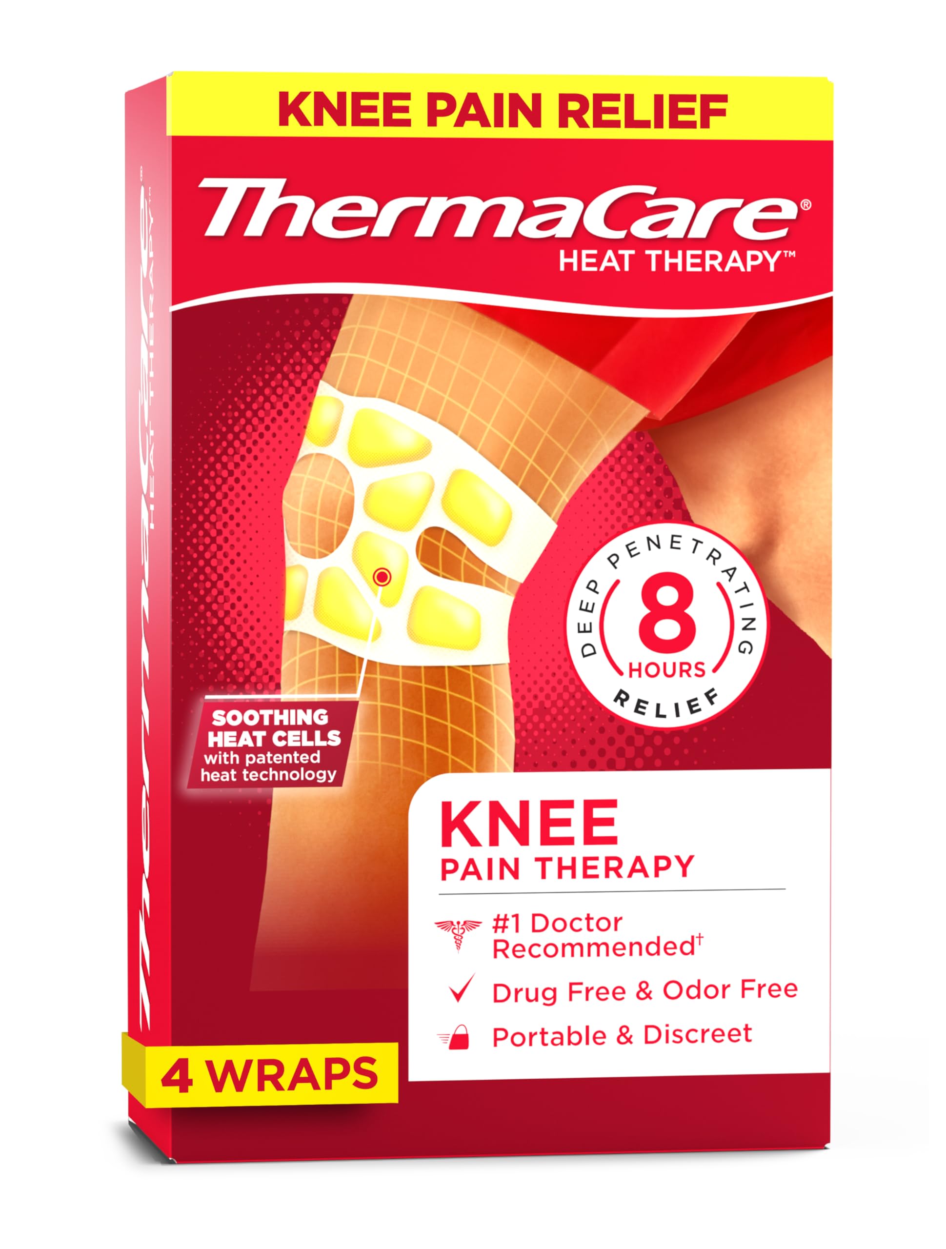 ThermaCare Knee HeatWraps - Targeted Knee Pain Relief with 8-Hour Therapeutic Heat - Flexible, Discreet, Drug-Free Portable Heat Therapy - 4-Count