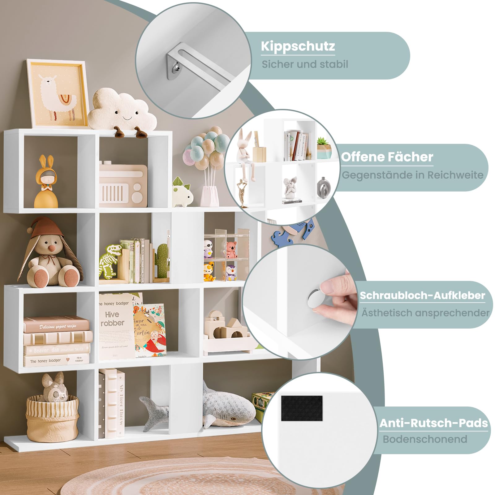 eSituro Bücherregal 4 Ebenen, Raumteiler Regal mit 11 offenen Fächern, freistehendes Treppenregal, Standregal, Stufenregal, für Wohnzimmer, Schlafzimmer, Büro, 115x109,5x19,5 cm, weiß