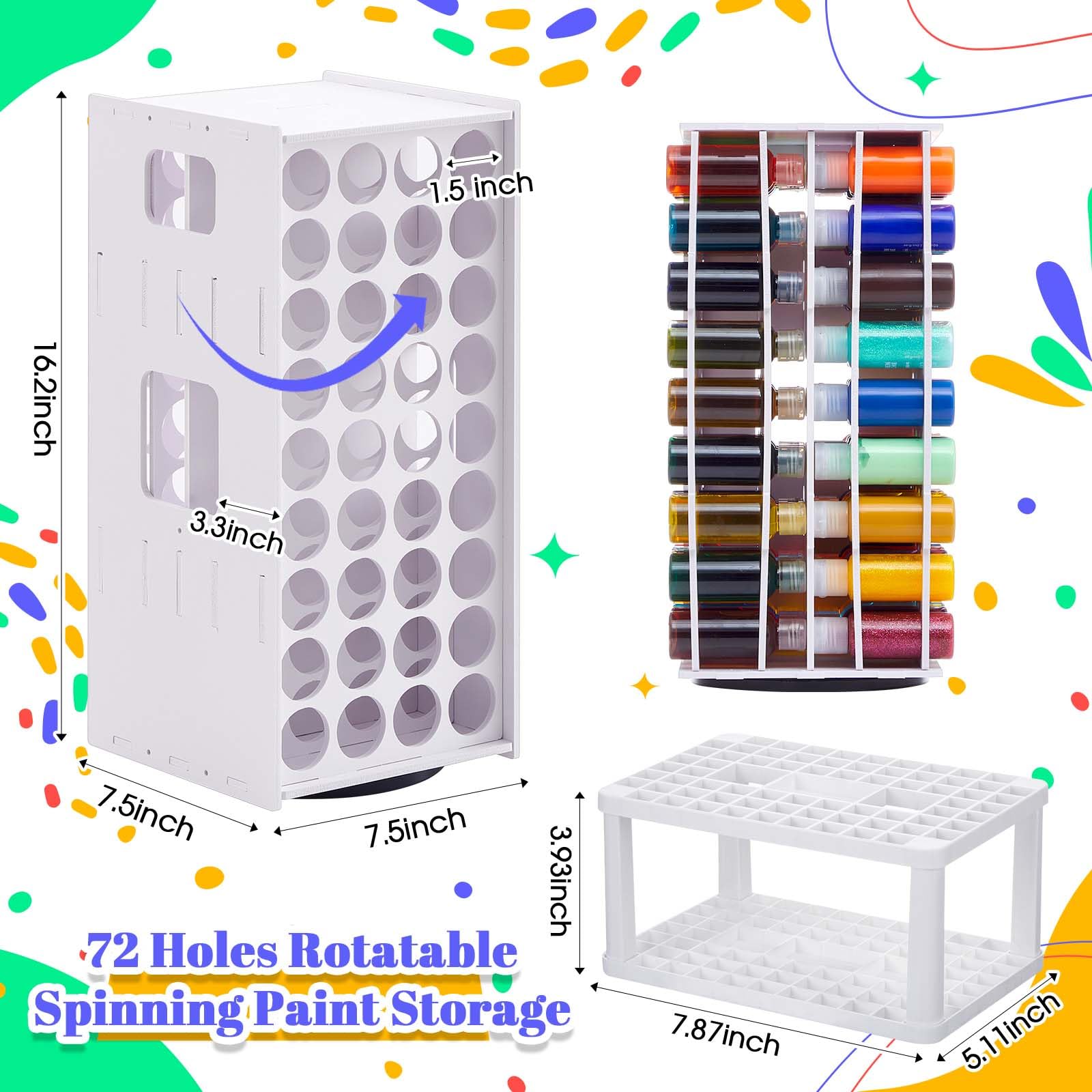 Juexica Acrylic Paint Holder Organizer Storage for 2 oz Bottle Craft Paints with Paintbrush Pens Markers Stand Vertical Wall Mounted Stand Plastic 360 Spinning Storage Tower(72 Holes)