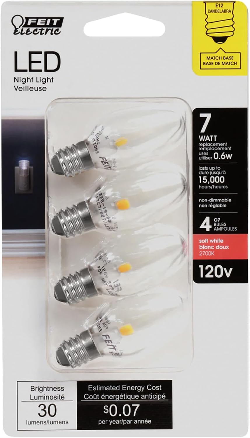 Feit Electric BP7C7/827/LED/4 0.6W 7W Equivalent 30 Lumen Candelabra Base Four LED C7 Night Light Bulb, 2.1" H x 0.9" D, 2700K (Soft White), 4 Piece