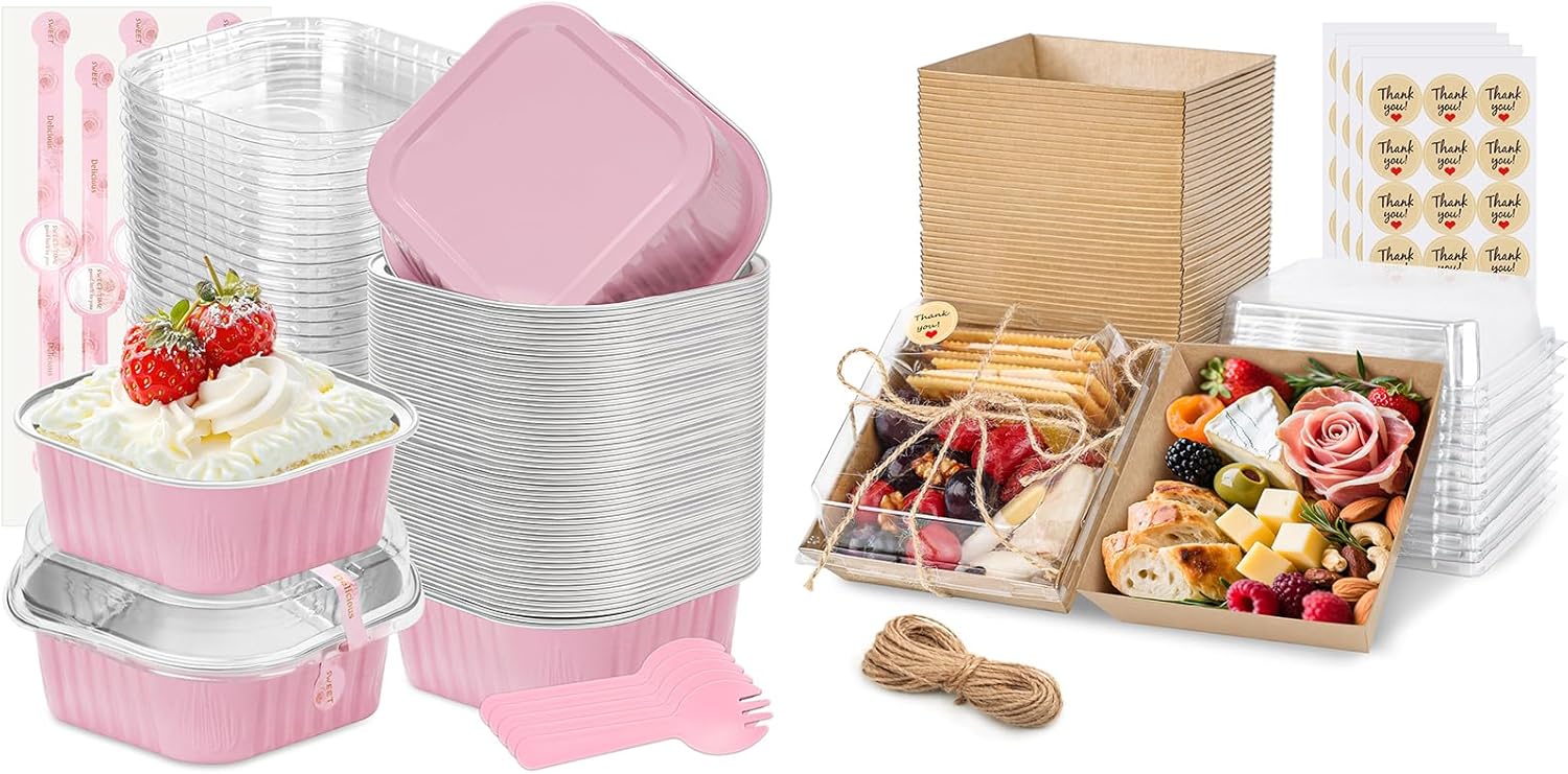 Bundle of 50 Pack Mini Cake Pans with Lids and 50 Pack Charcuterie Boxes with Clear Lids for Large Gatherings Picnics Vacations Parties