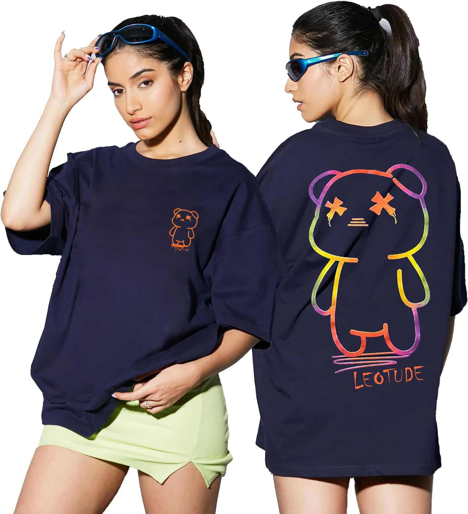 LEOTUDE Women's Oversized Round Neck Cottonblend T-Shirts (Color : Multi)