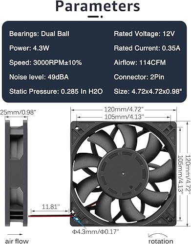 Miniatura 2 de GDSTIME Ventilador de caja de 4.724 in, ventilador de presión de aire de aumento, ventilador de enfriamiento sin escobillas de 4.724 in x 0.984 in,