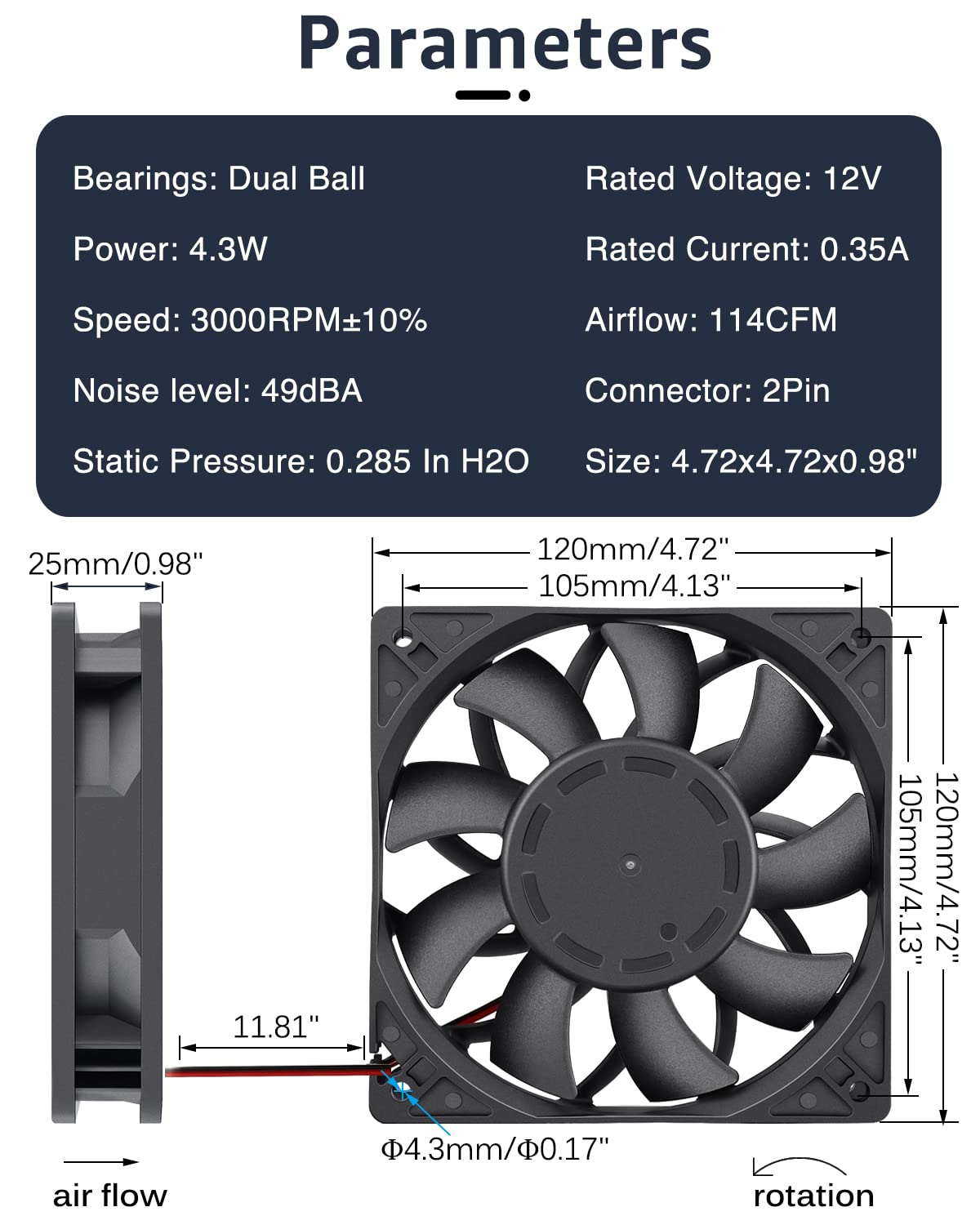 GDSTIME 120mm Case Fan, High Air Pressure 120mm x 25mm 12V DC Brushless Cooling Fan 2Pin Dual Ball Bearings
