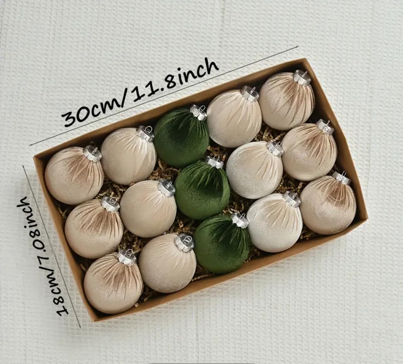 Christmas Tree Ornaments Velvet Balls - Pack of 15pcs Shatterproof Xmas Bulbs Decorations Set - Multicolor Green Brown Neutral, 80mm 3.15 inch