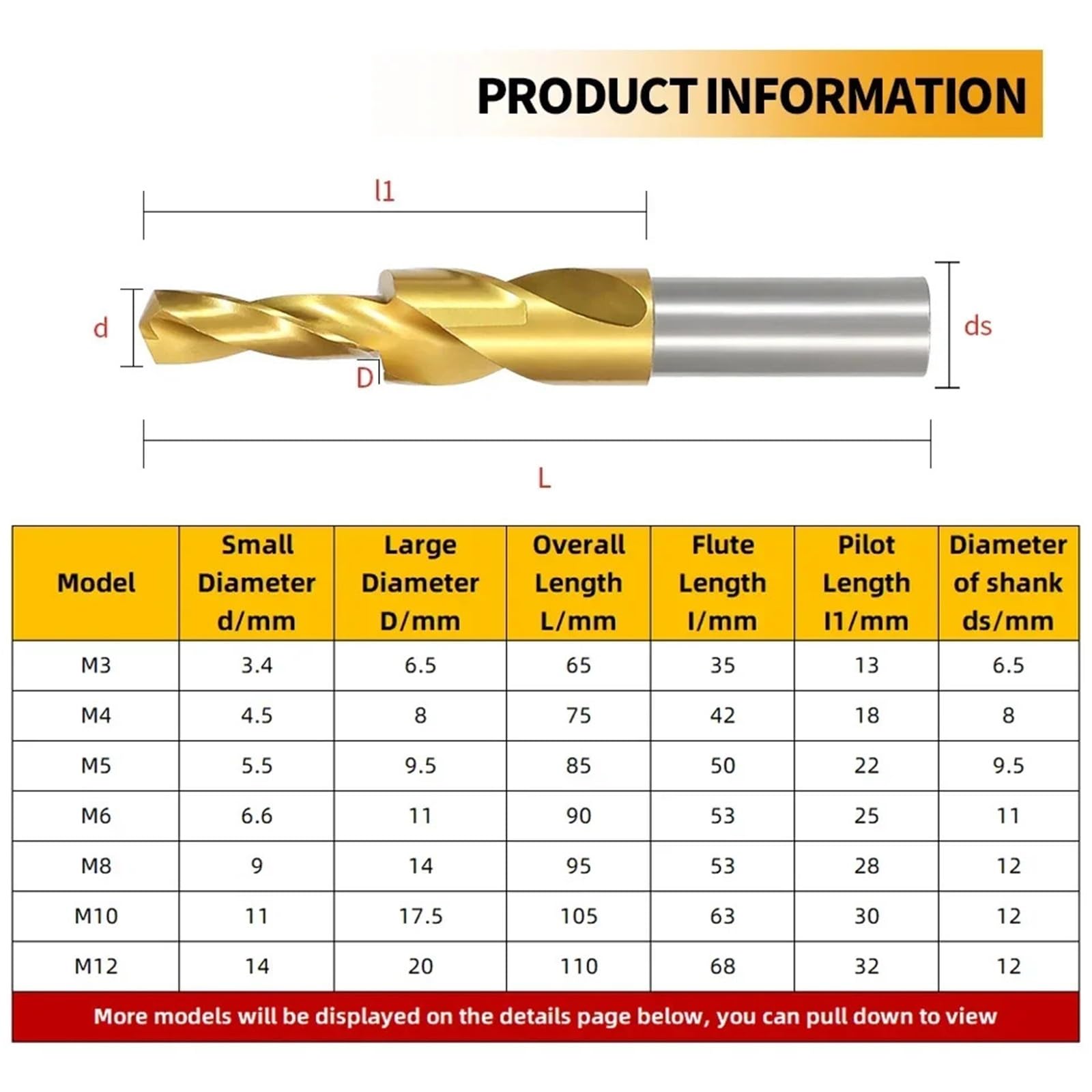 Broca escalonada giratoria avellanada M35 cobalto/HSS broca de corte Dual HSS for Metal 90 180 grados M3 a M12 herramienta perforación cónica Apto para madera y metal(Gold Tin Coating,M10-(d11mm))