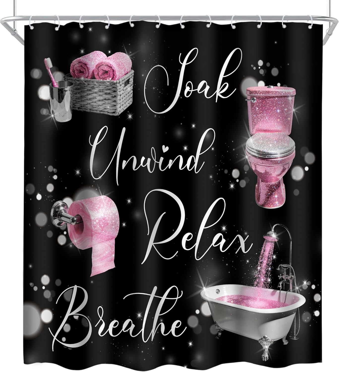 Cinbloo 4Pcs Black Pink Shower Curtain Set, Fashion Funny Quotes Positive Inspirational Words Modern Bathroom Curtain with Rug, Toilet Lid Cover, Bath Mat, Women Girls Shower Curtain with 12 Hooks