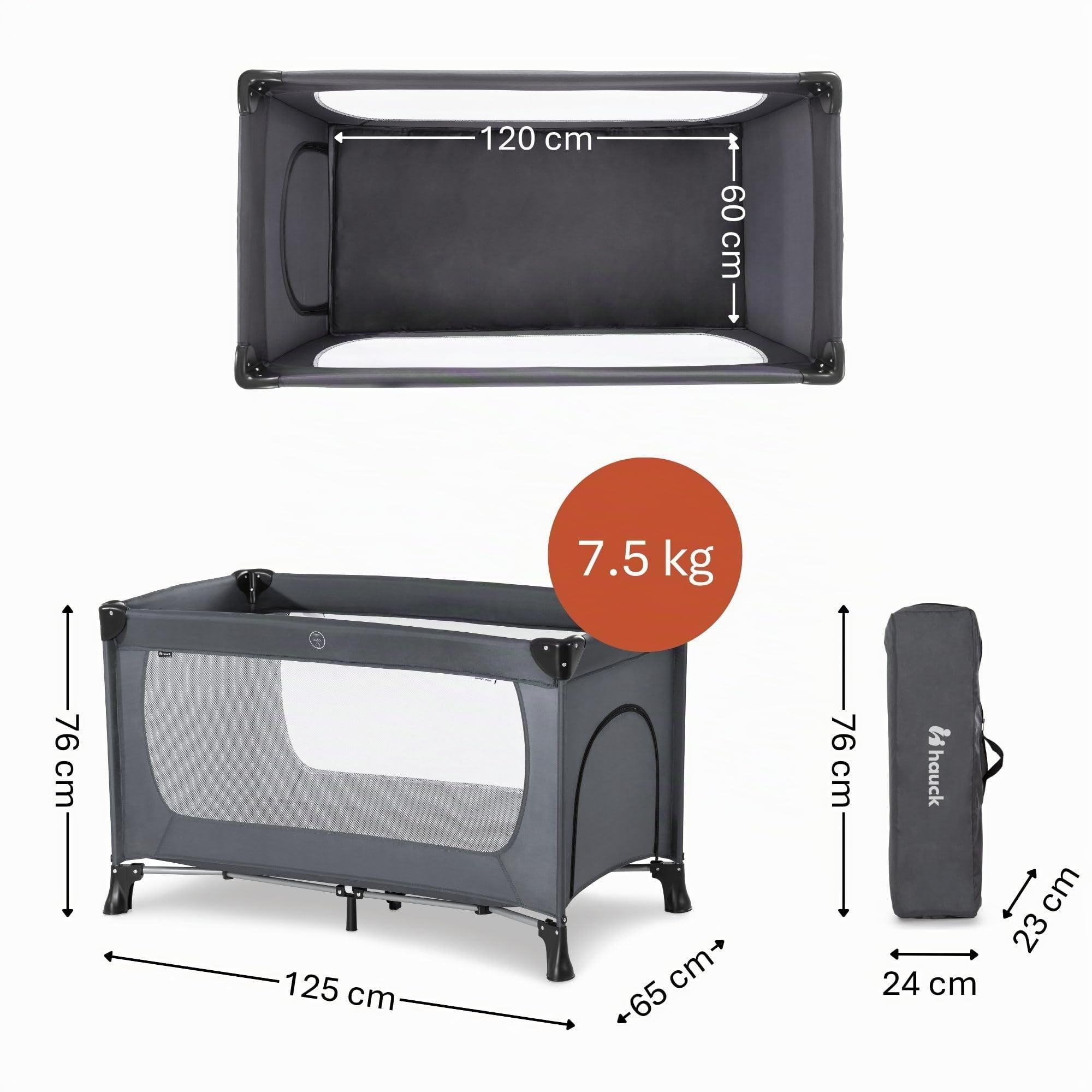 Hauck Reisebett Dream N Play Plus 120 x 60 cm, für Babys und Kinder ab Geburt bis 15 kg, Leicht, Kompakt Faltbar, Inklusive Transporttasche und Faltboden, Schlupf, Grau