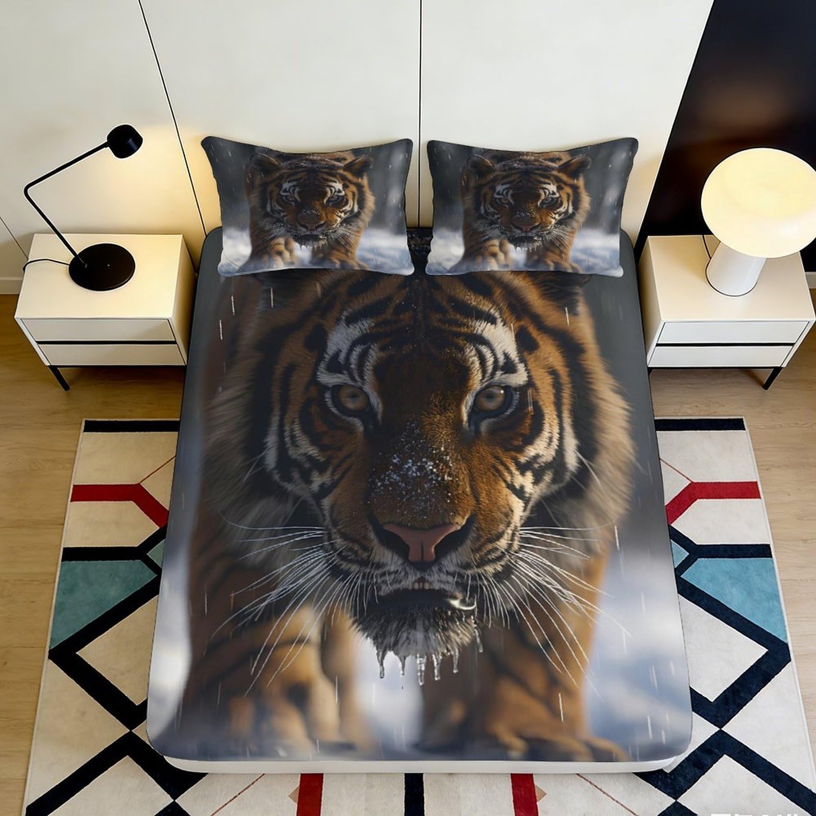 3D Printed Tiger Pattern Fitted Sheet Microfiber Breathable Wild Jungle Bed Cover for Bedroom Dorm Mattress Protection Decor 90x200x25cm