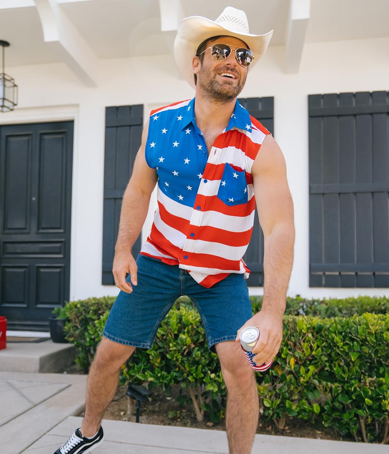 Tipsy Elves 4th of July Sleeveless American Flag Button Down Patriotic Shirt for Men - Men's USA Button Up Shirts for Men - Image 4