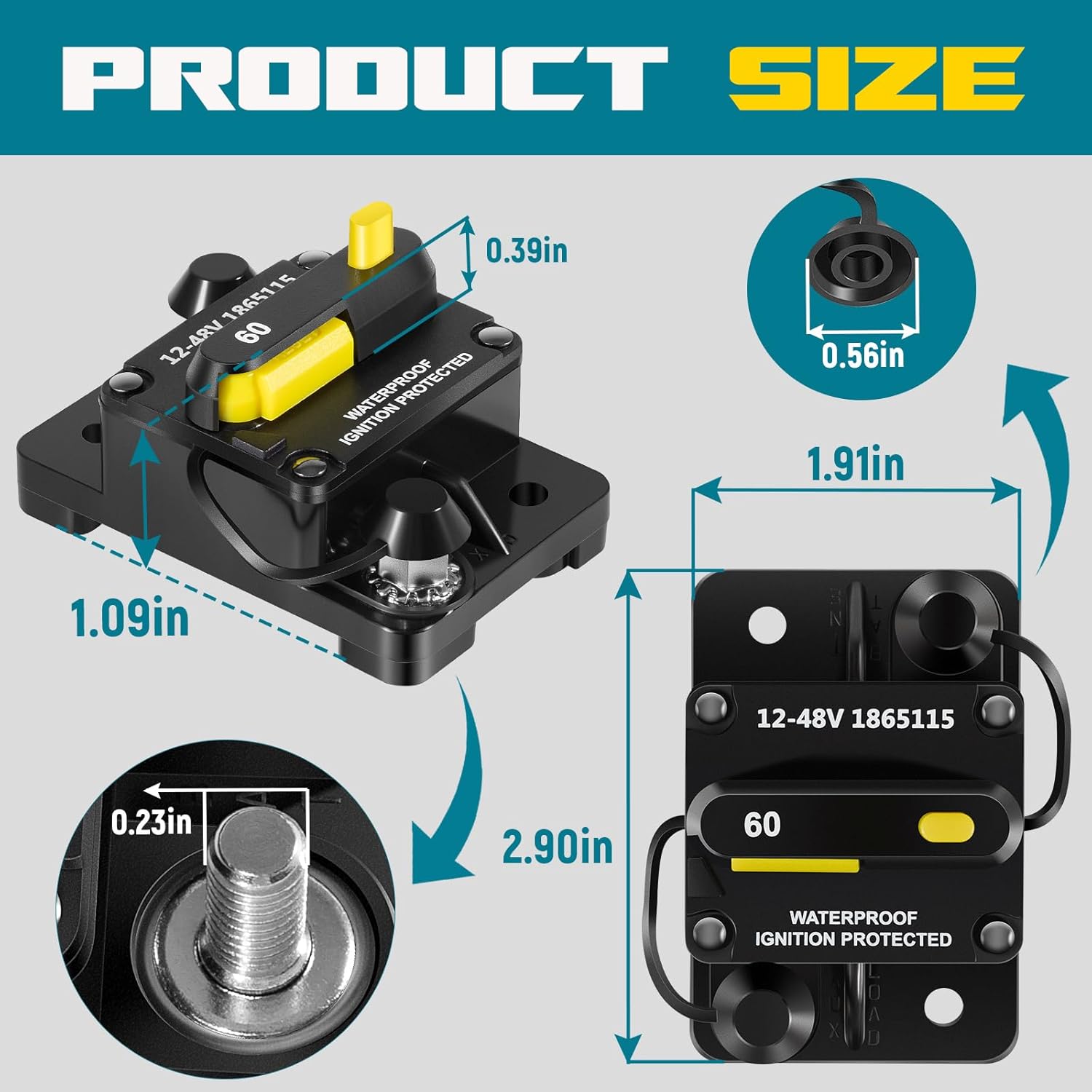 1865115 MKR-27 Equivalent | 60A IP65 Waterproof Circuit Breaker Replacement for Minn Kota 12V/24V/36V/48V Trolling Motors | Manual Reset | Overload Protection | Marine Grade Stainless Steel Terminals