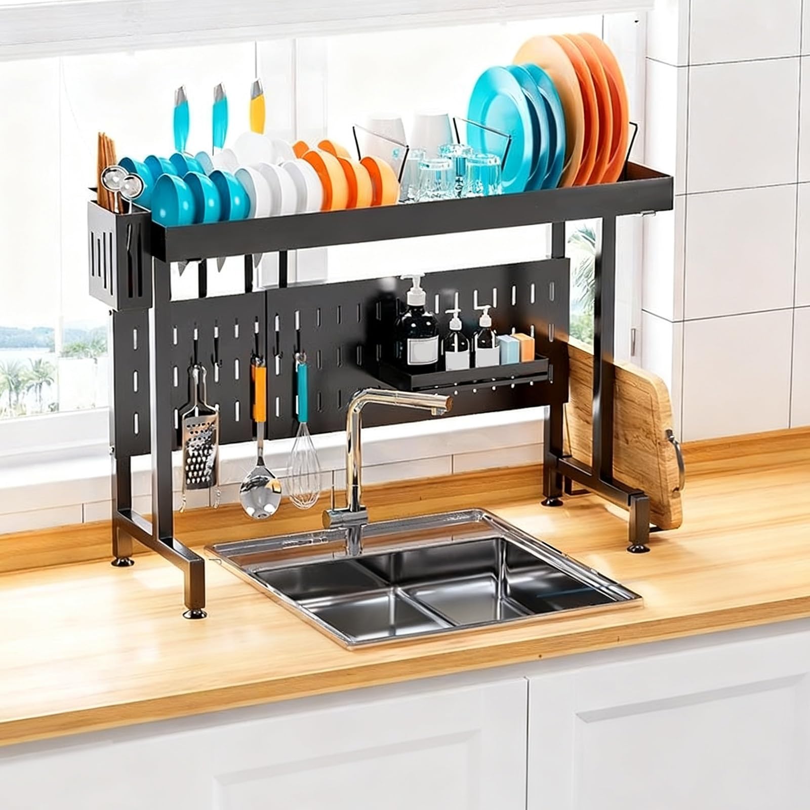 Generico Scolapiatti a 2 Livelli in Acciaio Inox da posizionare sopra Il lavello con portautensili - Ampio scolapiatti da Cucina con divisorio per Piatti (Nero, 68 cm/26,8 Pollici)