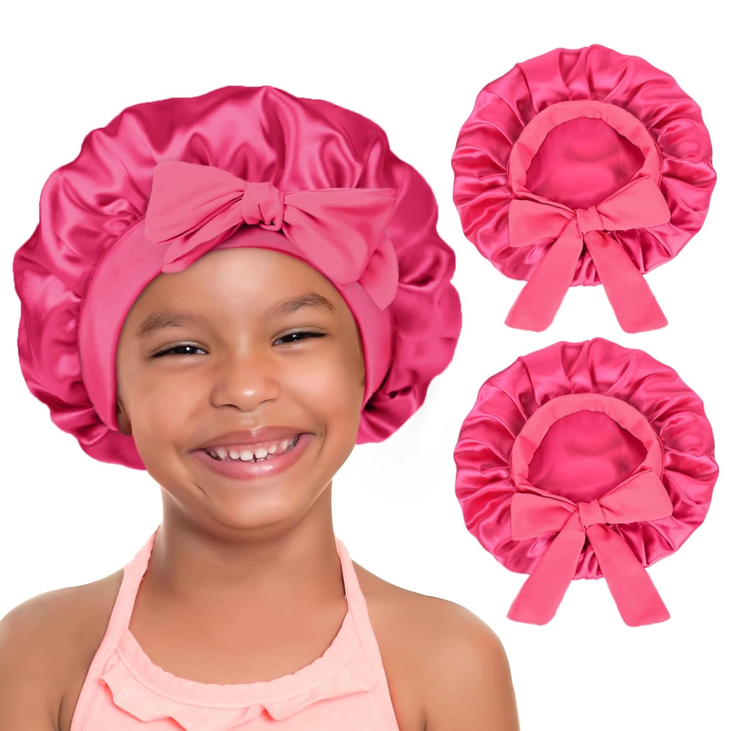 YANIBEST 2 PCS Baby Bonnet Silk Satin Bonnet for Kids Sleeping Cap Curly Natural Hair Silk Bonnets for Girls Boys Infant 5-12 Years Hot Pink