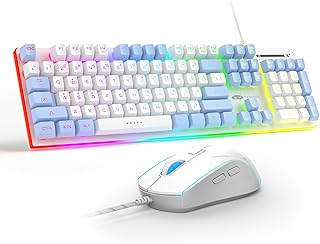 Gaming Mechanical Feel Keyboard and Mouse combo,Brushed Aluminum Panel Edge RGB Backlight Gaming Keyboard and DPI Mouse with PBT Keycaps for Windows Laptop PC Xbox PS4White & Blue