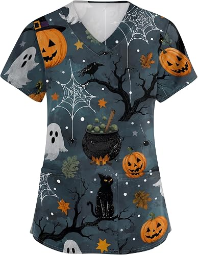 Halloween Scrub Tops Women, Scary Ghost Pumpkin Printed Graphic Tees, Bat Loose 