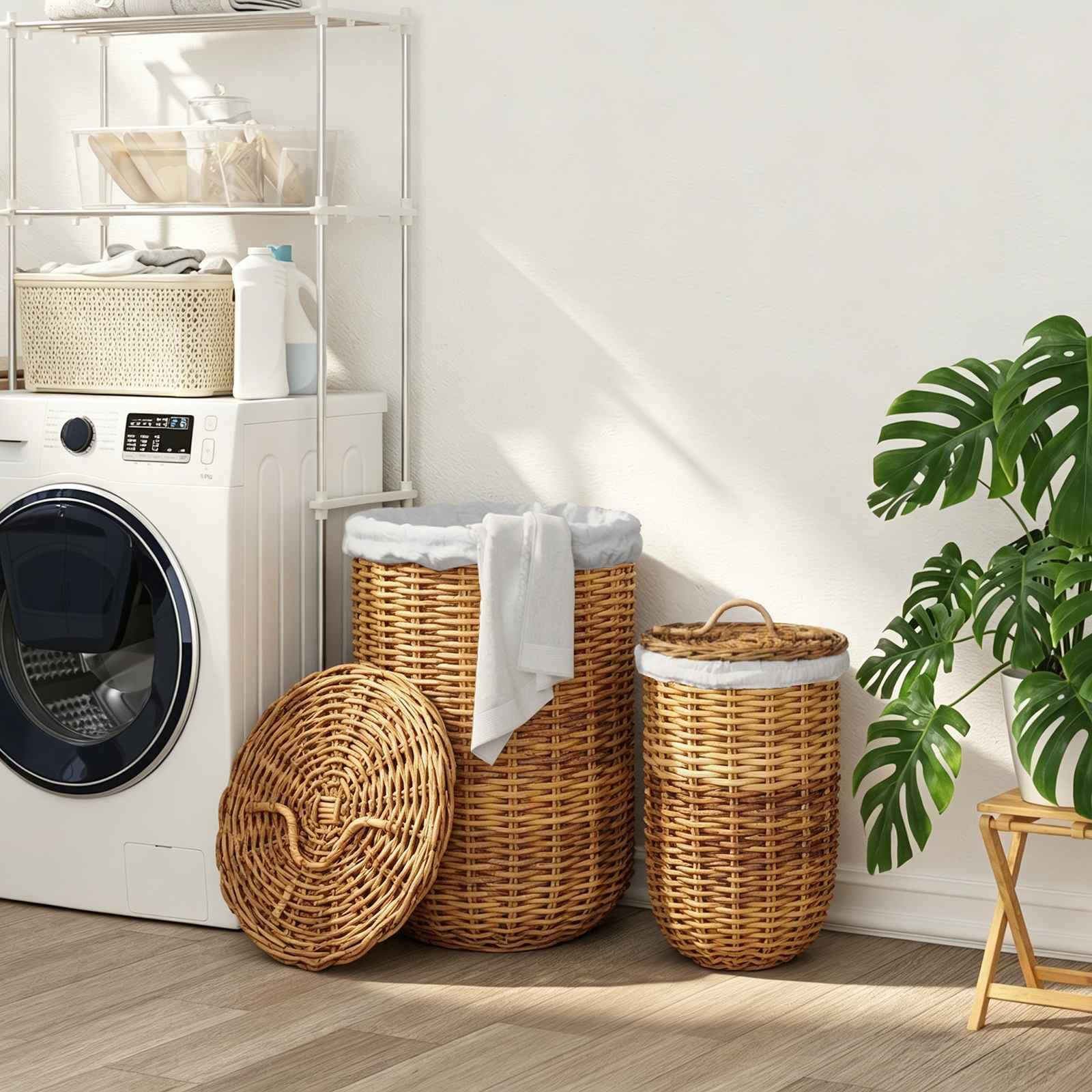 Wäschekorb Mit Deckel 2 Stück Naturbraun Kubu Rattan | Zylindrische Form, Belacu-Innenfutter, integrierte Griffe, 42x60 cm und 30x45 cm