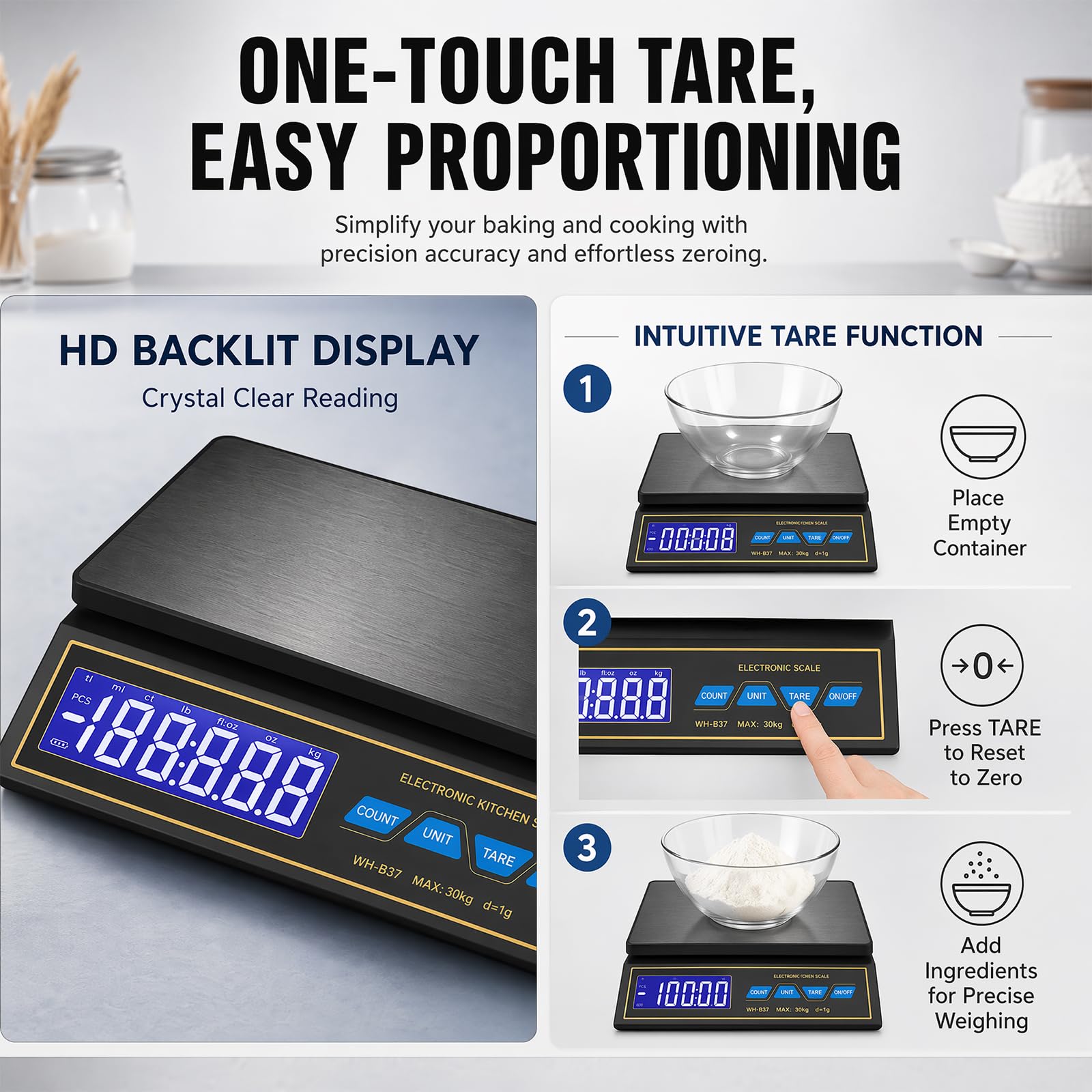 Balance de cuisine numérique 30 kg/0,1 g, précision en acier inoxydable avec comptage PCS et tare, 9 unités de mesure, arrêt automatique, USB-C rechargeable pour balance à café, viande, pâtisserie