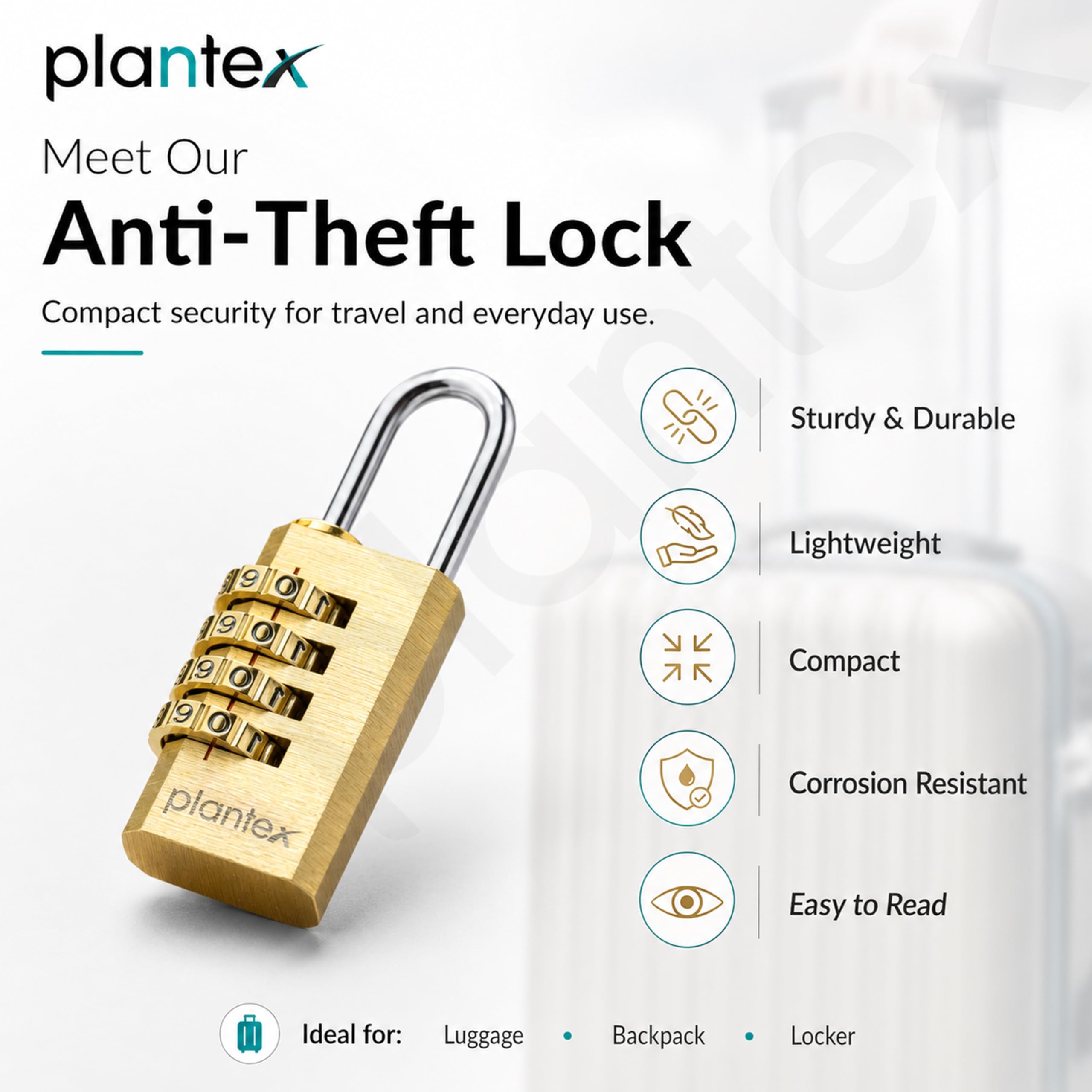 Plantex 4-Digit Code Combination Brass Locks/Number Lock/Portable Luggage Lock/Travel Lock for Briefcase/Laptop Bags - Pack of 1 (Small, Brass Antique) — Amazon image 3