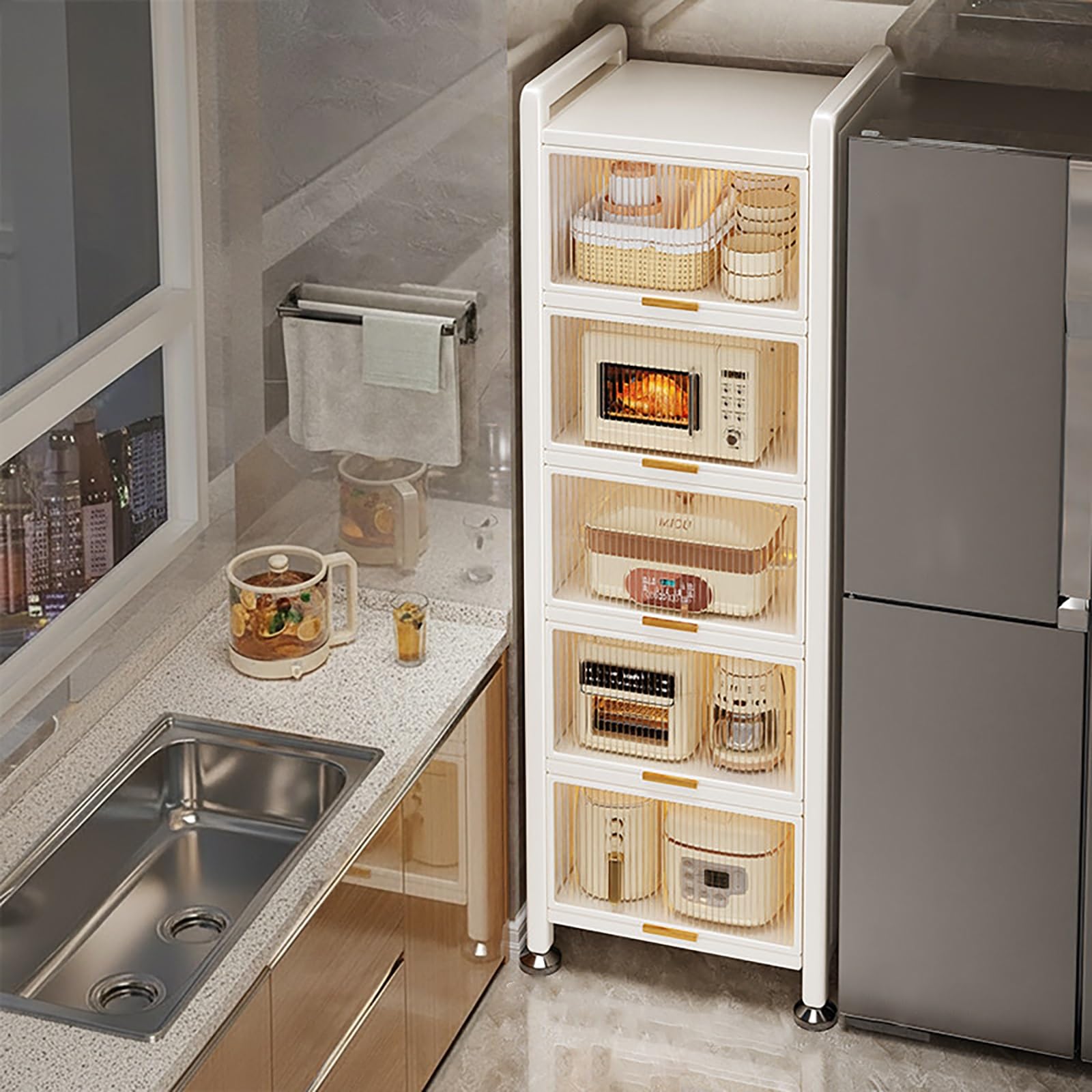 Carrito de almacenamiento delgado con puertas abatibles, estante de acero al carbono transparente para cocina, sala de estar y comedor (blanco, 27.5 x 16.5 x 69.2 pulgadas)