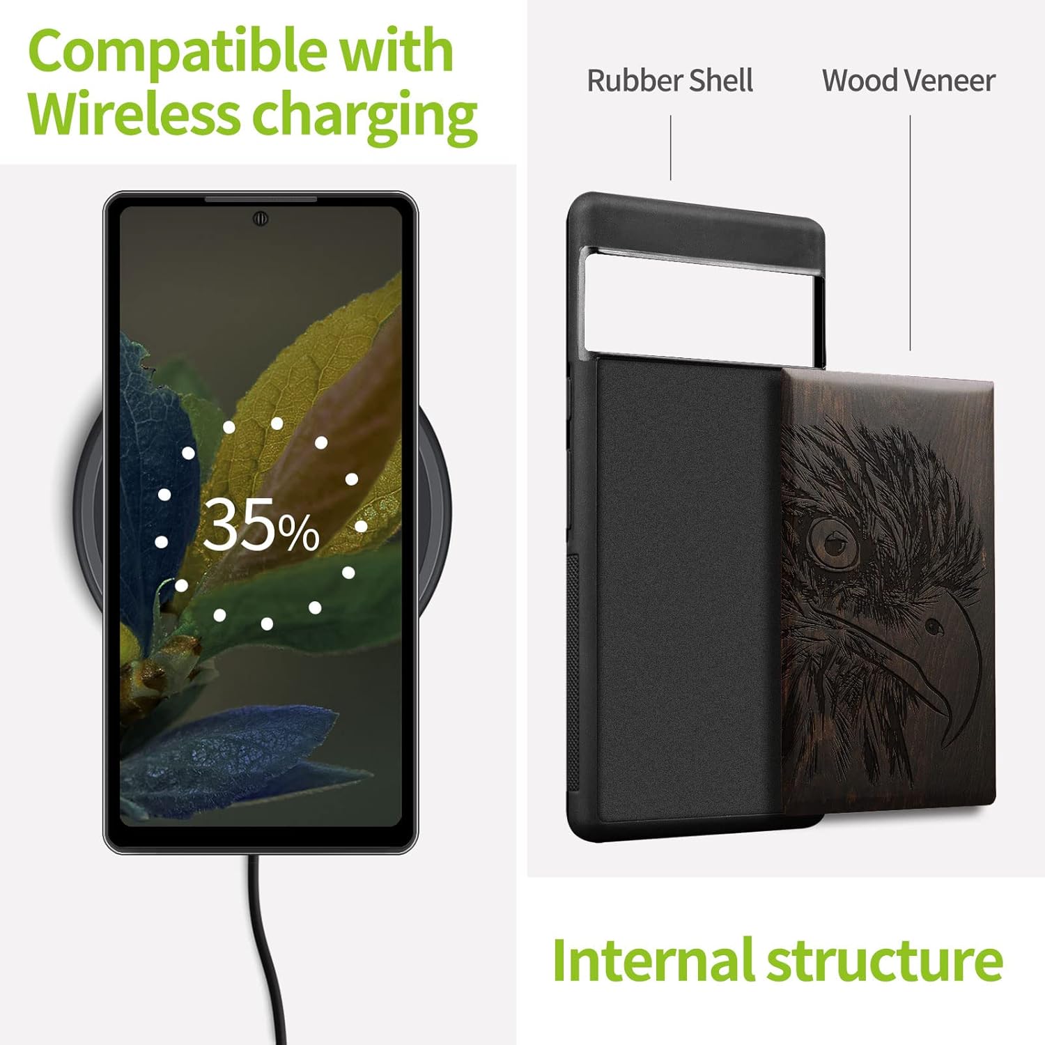 Carveit Wood Case for Pixel 7 Case [Natural Wood & Black Soft TPU] Shockproof Protective Unique & Classy Wooden Cover Compatible with Google Pixel 7 (Bald Eagle-Blackwood)