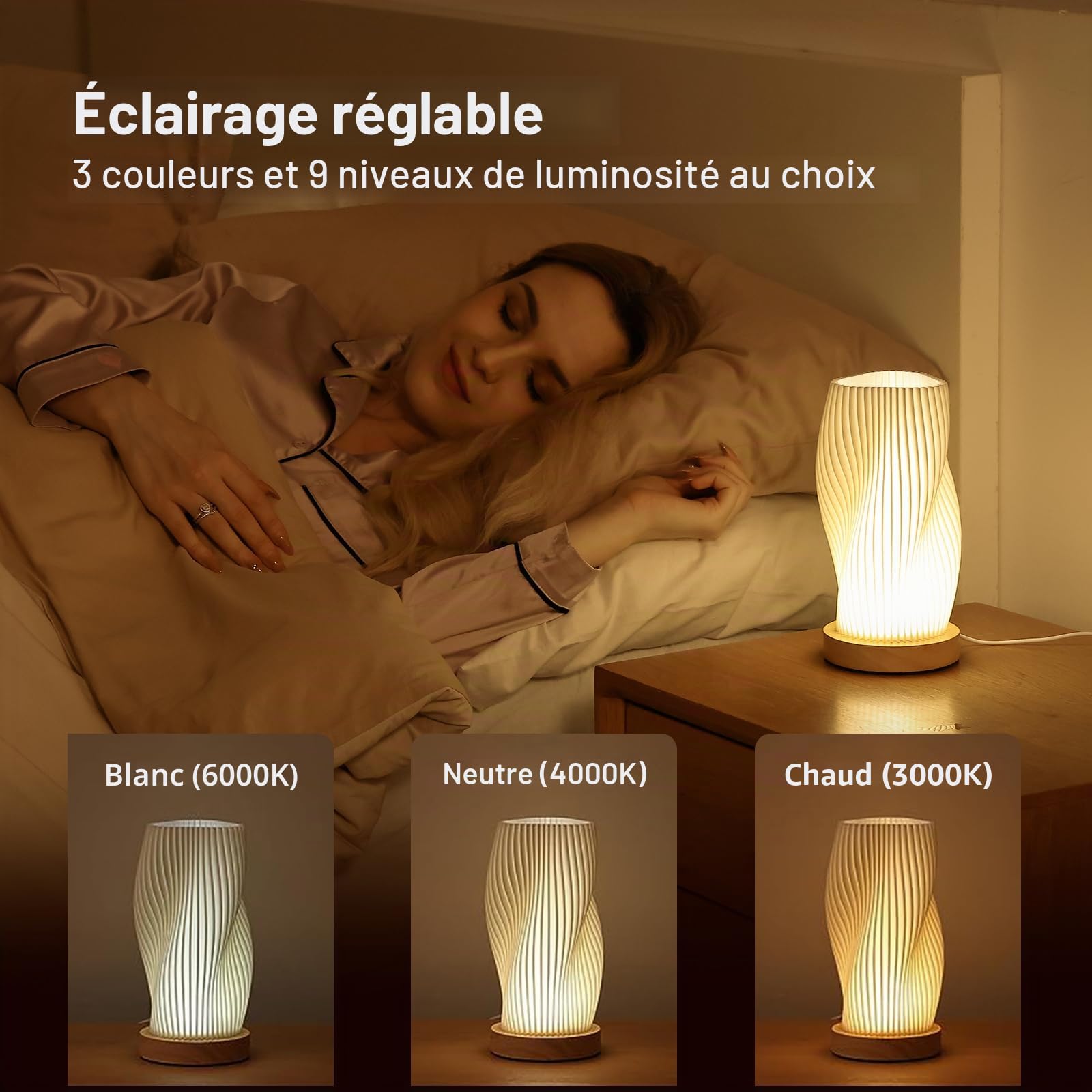 Lampe de chevet à contrôle par bouton pour chambre, lampe de table dimmable sur 12 niveaux avec abat-jour en PLA pour chambre à coucher, chambre d'enfants