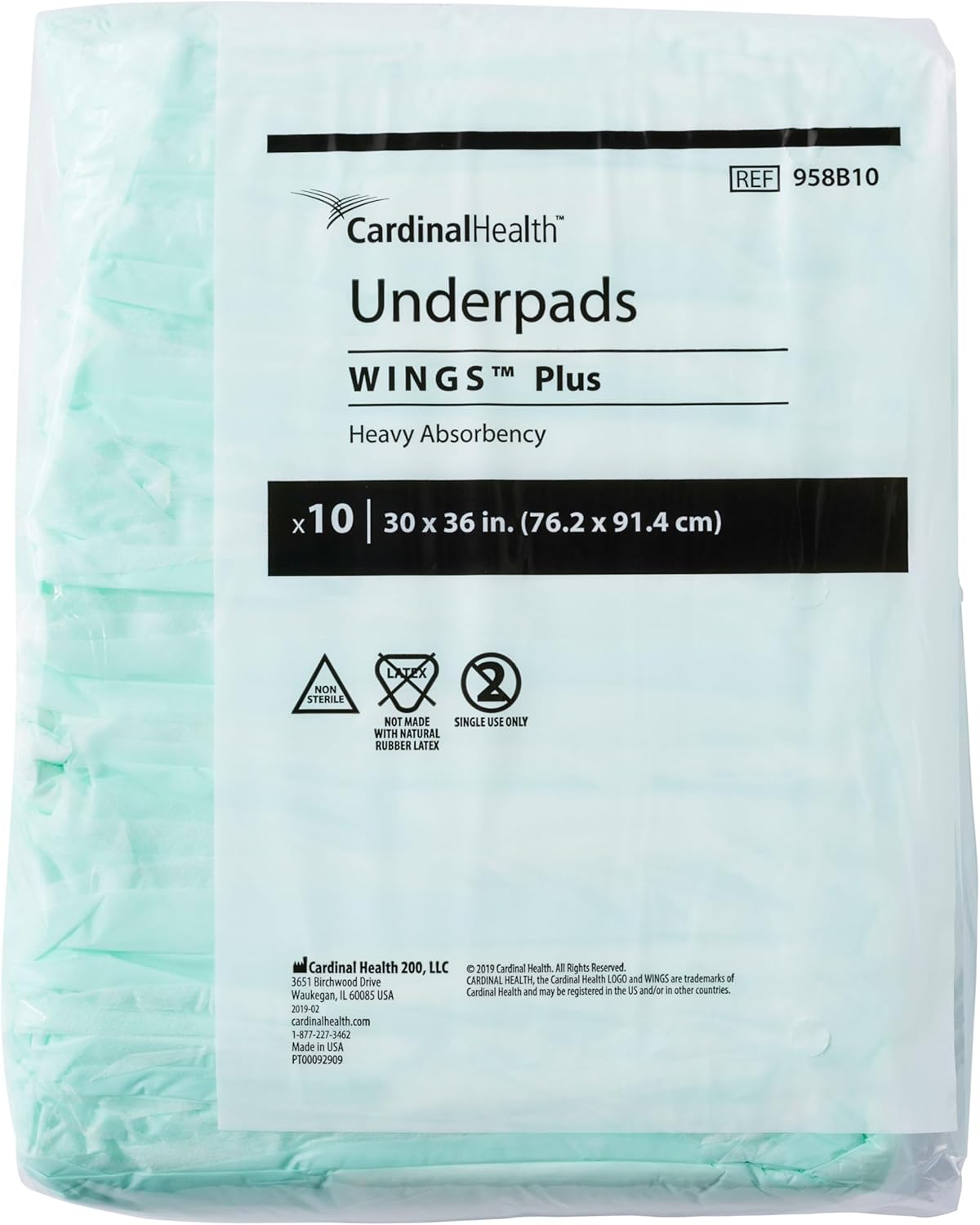 Cardinal Health™ Underpads, Wings™ Plus, Heavy Absorbency, Green, 958B10, 30 x 36IN, Pack of 10