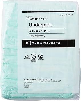 Cardinal HealthTM Underpads, WingsTM Plus, Heavy Absorbency, Green, 958B10, 30 x 36IN, Pack of 10