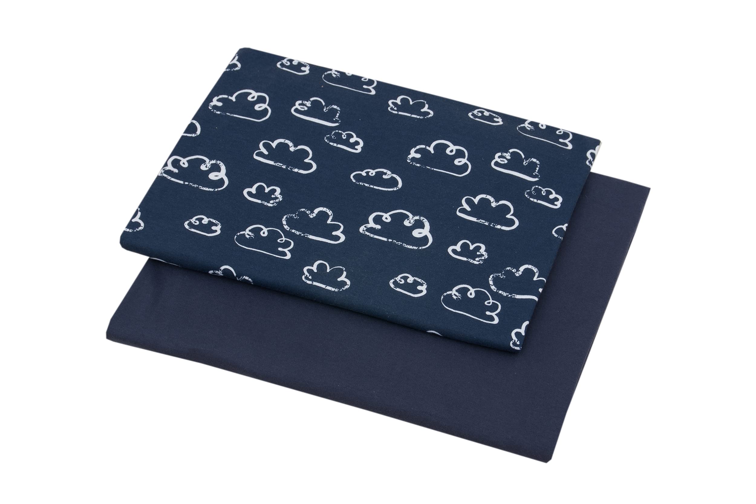 Duo, tessuto jersey da cucire, 92% cotone, 8% elastan, tessuto per bambini, jersey di cotone, motivo: nuvole blu scuro + blu scuro, 2 x 200 cm x 160 cm, prezzo base per m² = 6,24