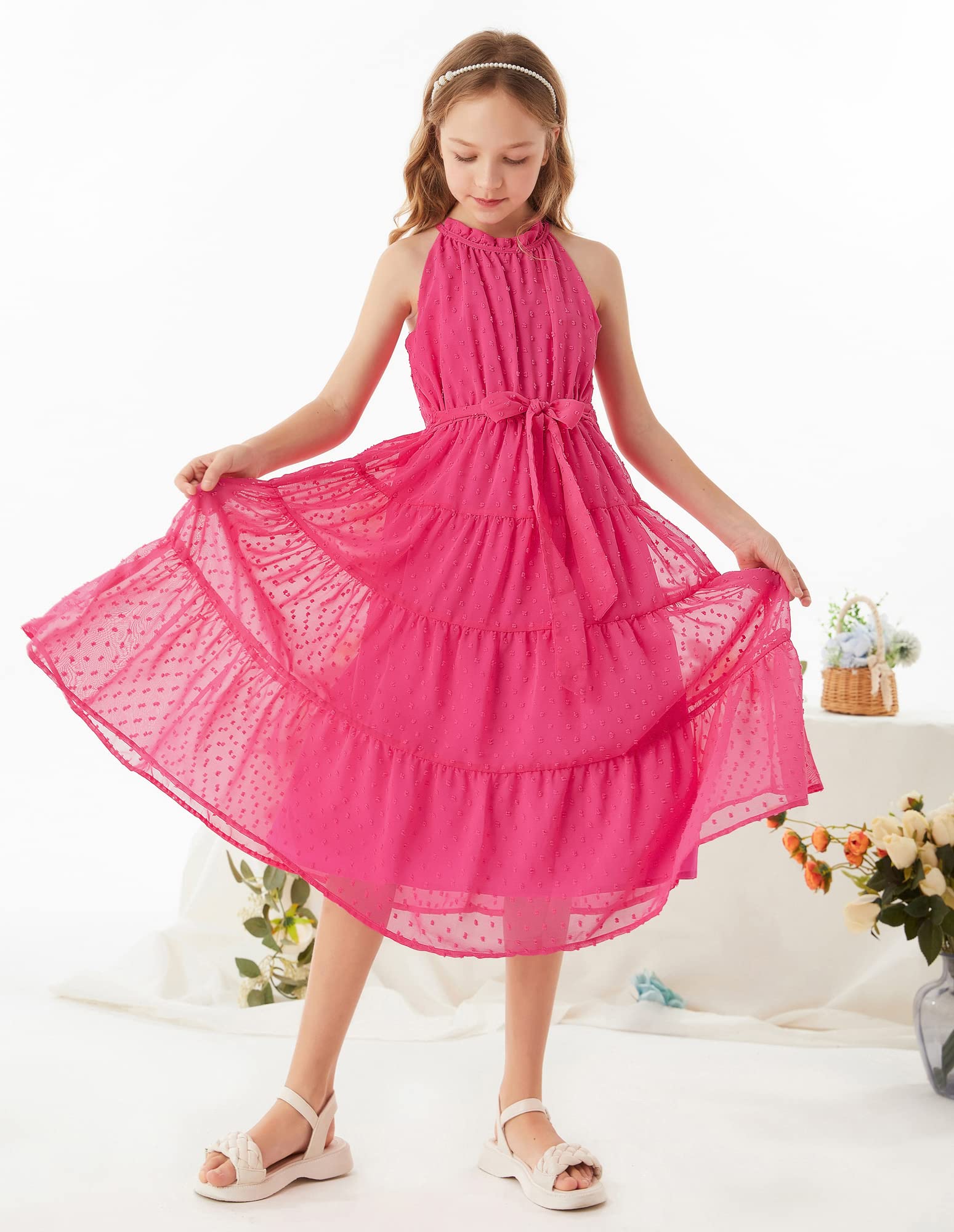 GRACE KARIN Vestido Niña Elegante Gasa Malla Escote Halter 6-12 Años