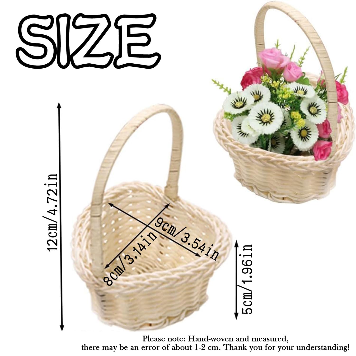 Cestini In Vimini Con Manico, 8 Pezzi Cestini Piccoli In Vimini, Contenitori Di Fiori per Matrimoni, Contenitori Da Canestri, Mini Canestri Di Rattan per Regali, Rustici, Matrimoni, Feste, Bianco