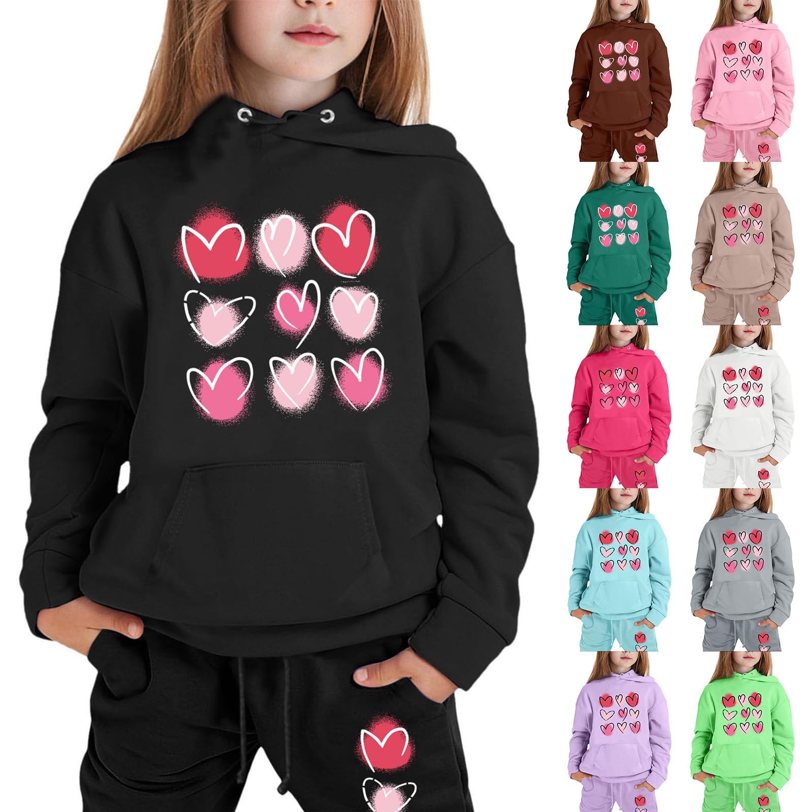 Conjunto de entrenamiento para niñas, 2 piezas, otoño 2025, con capucha, manga larga, gráfico, cómodo, estampado de corazón, pantalones de chándal para salir, correr, viajar, acogedor