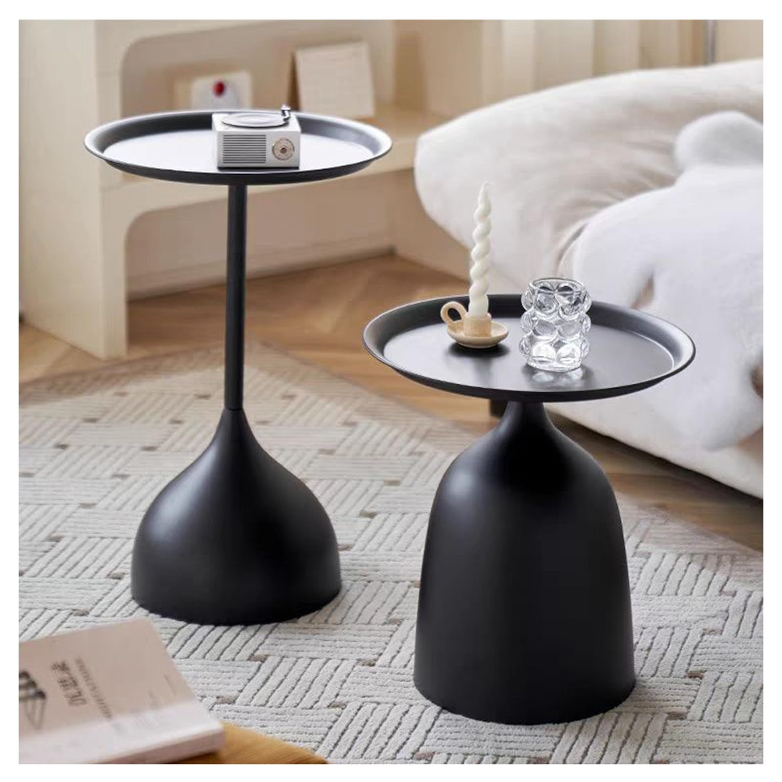 Juego de mesa auxiliar lateral, mesa auxiliar redonda pequeña para sala de estar, mesas anidables de metal, mesas de pedestal, mesa auxiliar para sofá y mesa de consola de noche, negro mate
