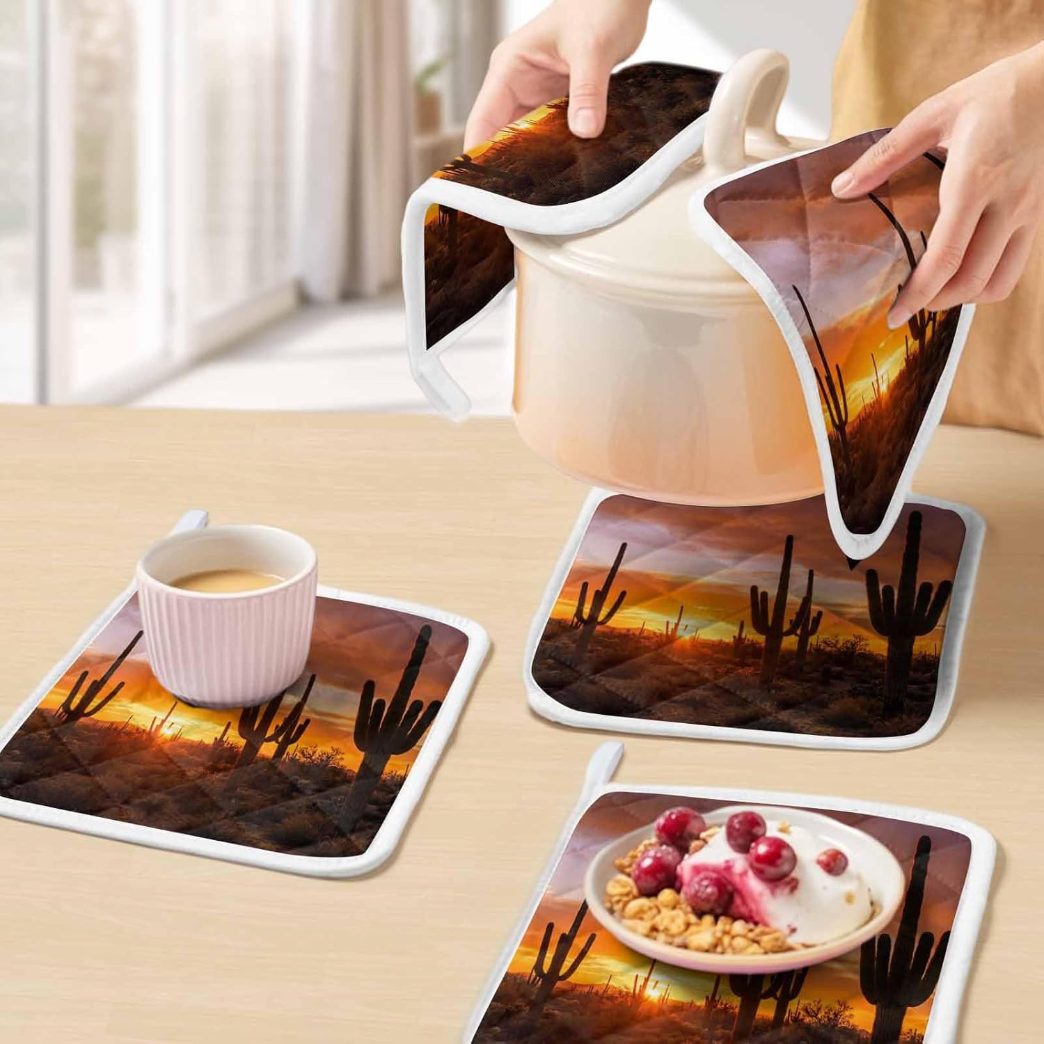 5 Pack Pot Holders for Kitchen, Western Cactus Sunset Hot Pads for Kitchen Countertops Oven Pot Holder Bulk, Modern Abstract Art Retro Heat Insulation Potholders with Hanging Loops