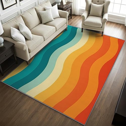 Miniatura 2 de Alfombras de los años 70 para dormitorio, alfombra retro de los años 70, de 3 x 4 pies, alfombras de área de ondas abstractas vintage para