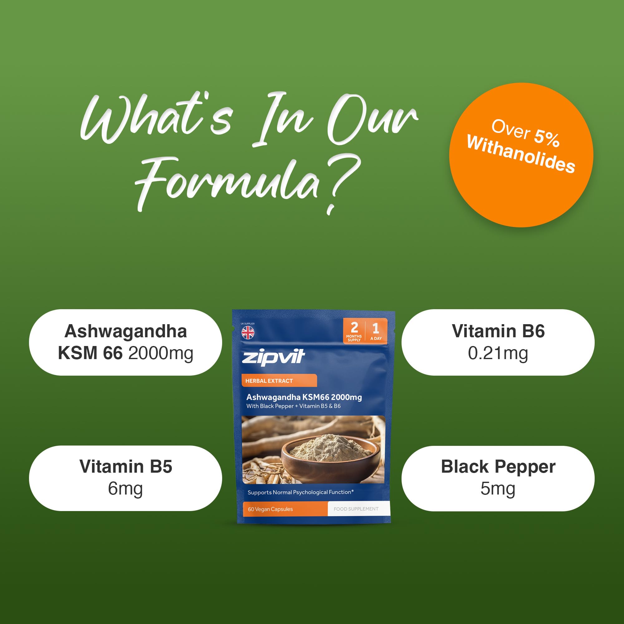 Zipvit Ashwagandha KSM 66 2000 mg with Vitamin B6, B5 & Black Pepper, High Strength Ashwagandha Root Extract, 60 Vegan Capsules, 2 Months Supply