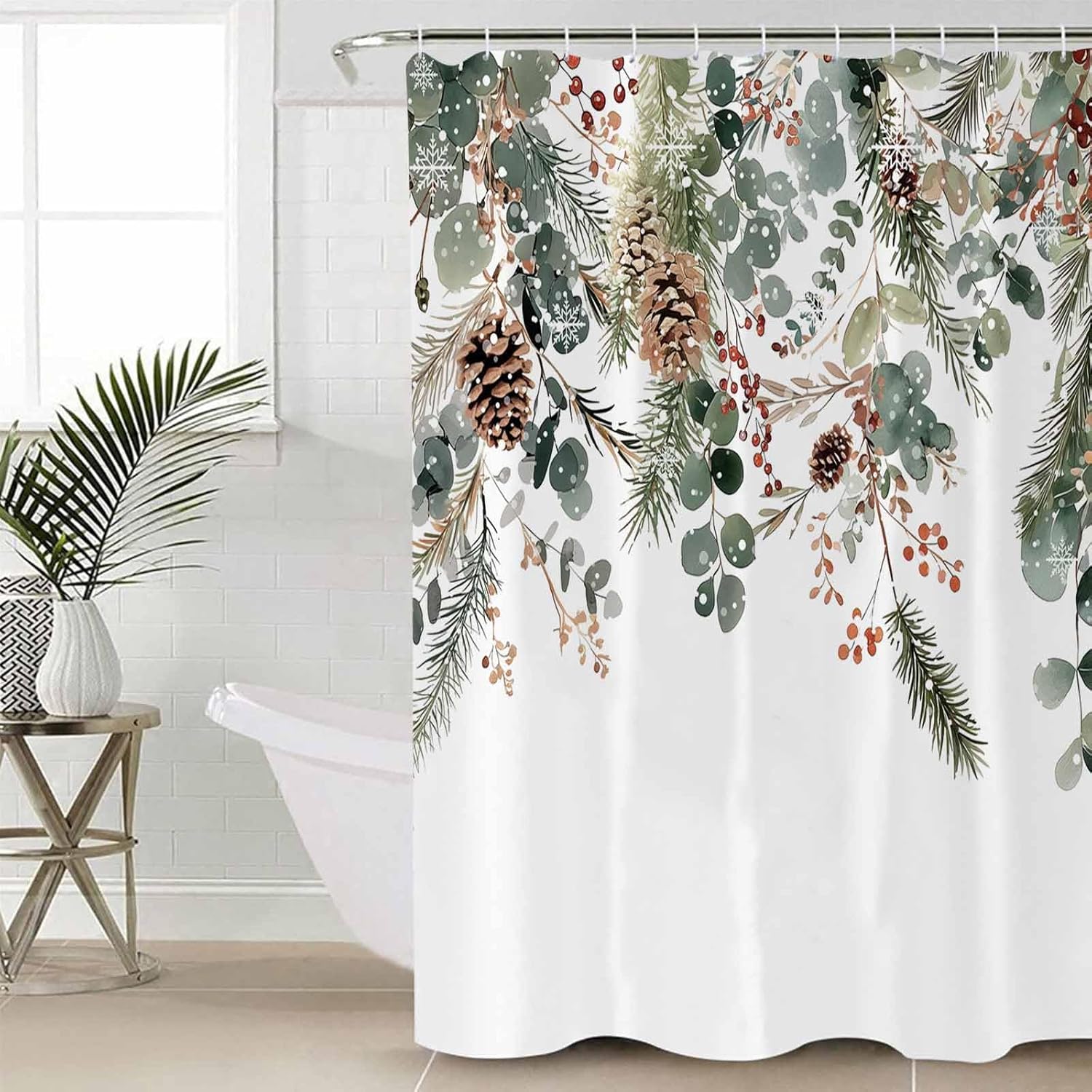 Christmas Bathroom Shower Curtains with 12 Hooks Polyester Waterproof Shower Curtain for Stalls and Bathtubs Winter Eucalyptus Leaves Snow Berry White Decorative Bathroom Privacy Curtain 54x78 Inches