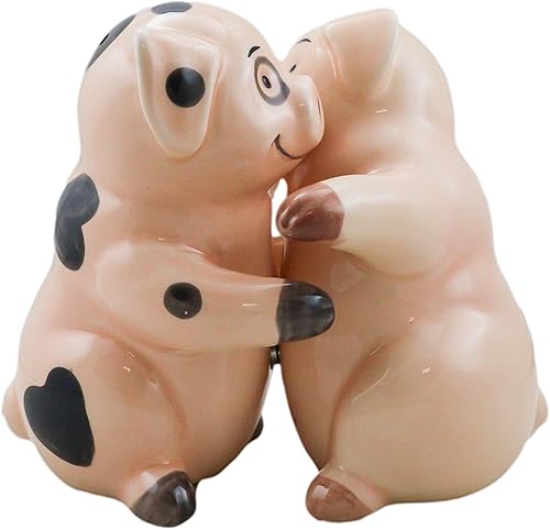 Ebros Gift Cerámica Star Crossed Lovers Chubby Bacon Porky Pig Pareja Dancing Hugging Salt and Pepper Shakers Set San Valentín Cerdos Piglets