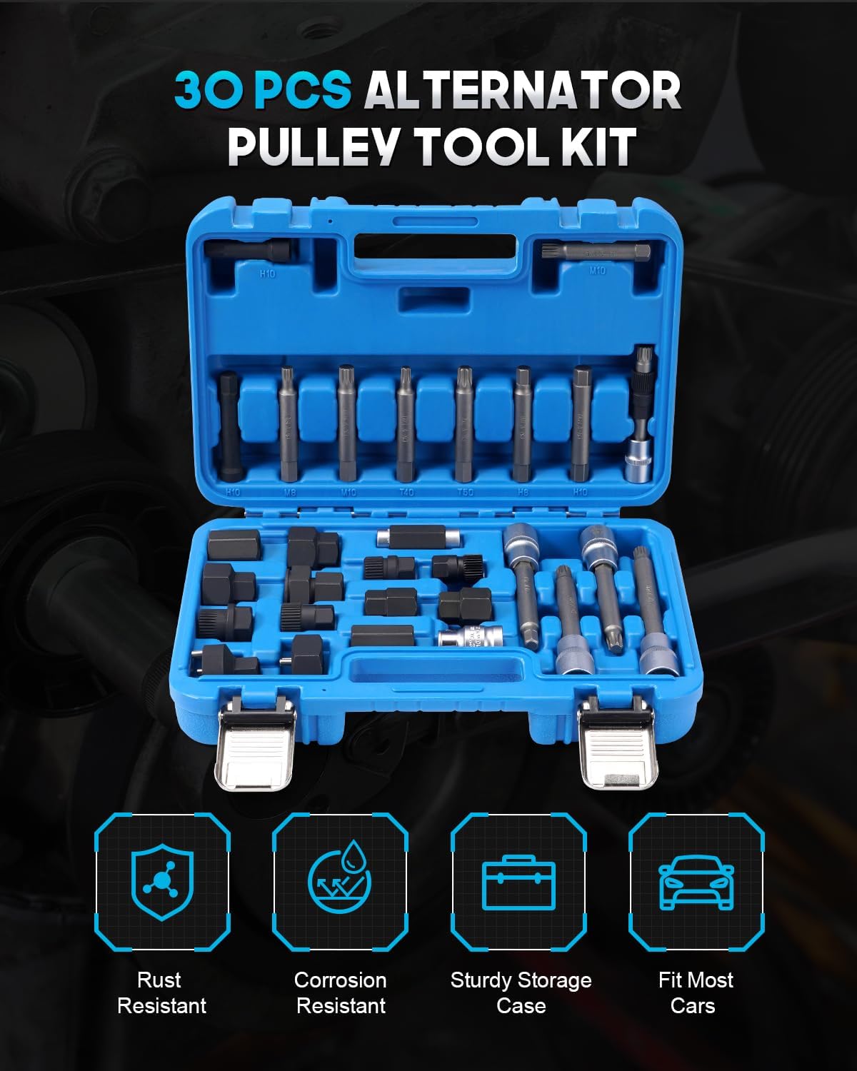 30PCS Alternator Pulley Remove Install Tool Kit, Alternator Decoupler Pulley Tool, Clutch Freewheel Removal Socket Bit Set, Compatible with VW Ford Audi BMW Benz Volvo Toyota and More Vehicle