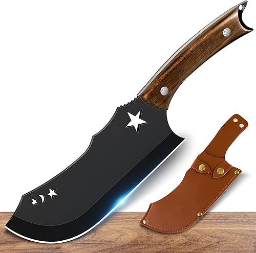 Cuchillo de chef afilado para carne, forjado a mano, cuchillo de carnicero profesional para carne y hueso con funda, diseño de abridor de botellas
