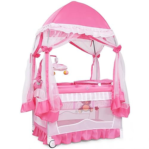 BABY JOY Paquete 4 en 1 con toldo, corralito portátil para bebé con moisés, cuna de doble capa, ruedas y freno, moisés plegable para bebé niña rosa